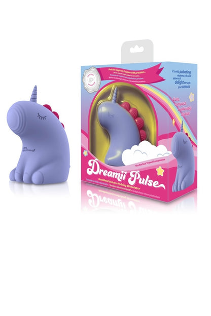 Purple unicorn-shaped device with packaging on a white background