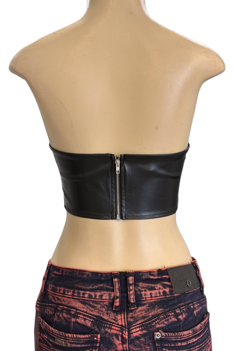 Black leather strapless top on a mannequin with a white background