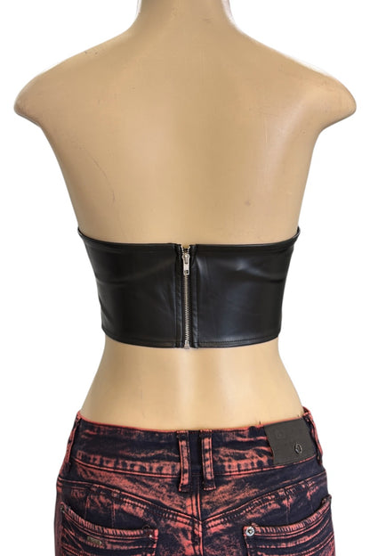 Black leather strapless top on a mannequin with a white background
