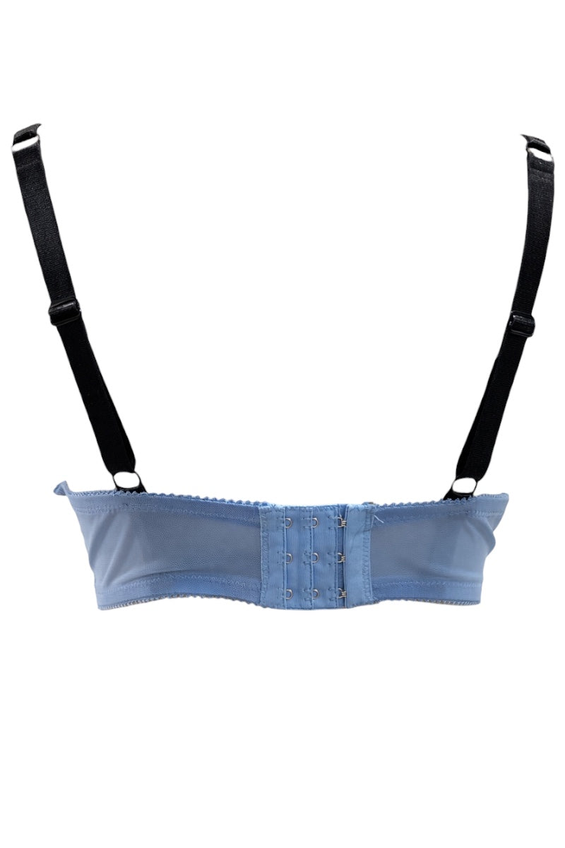 Blue bra with black straps on a white background