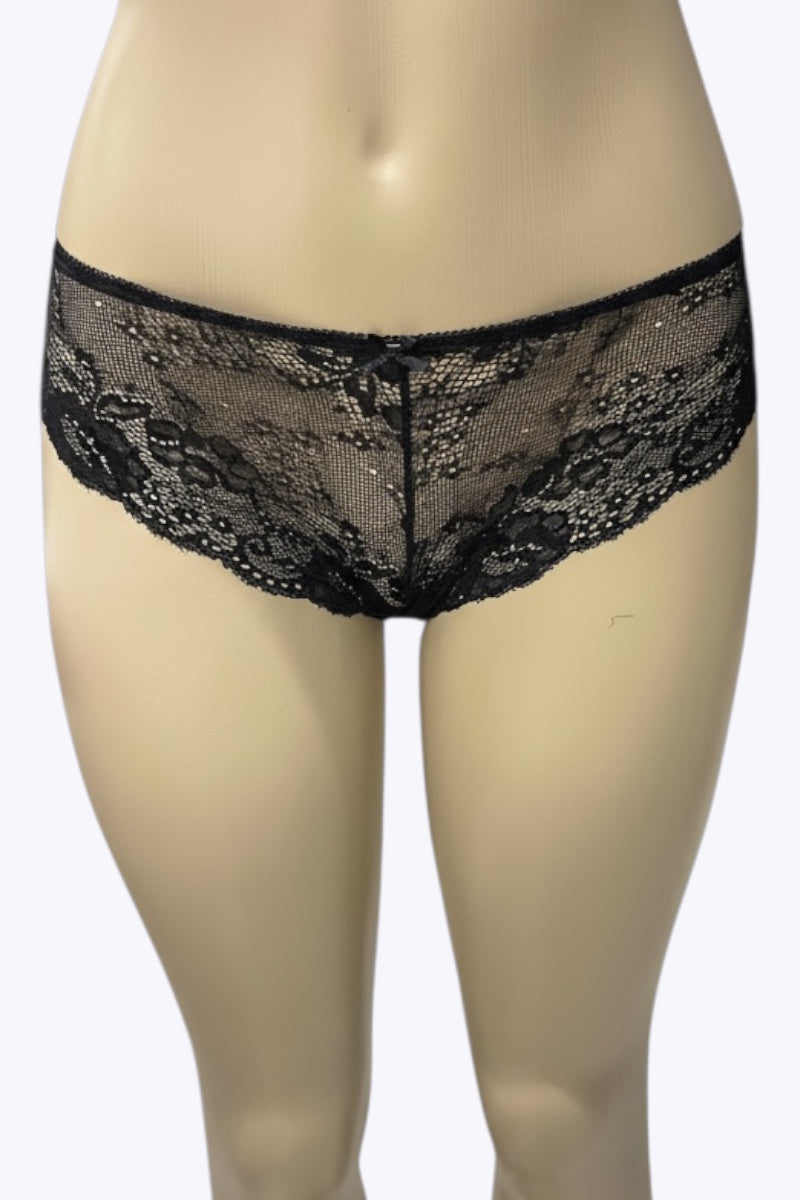 Black lace underwear on a mannequin against a white background