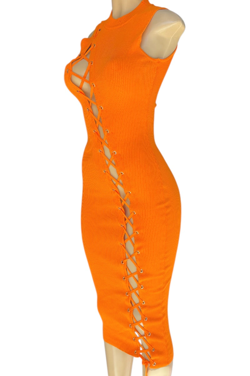 Long Ribbed Lace-Up Midi Dress #G1090