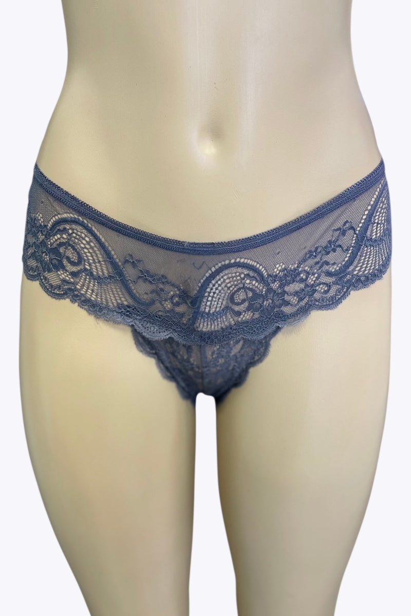 Blue lace underwear on a mannequin against a white background