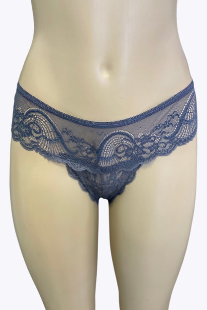Blue lace underwear on a mannequin against a white background