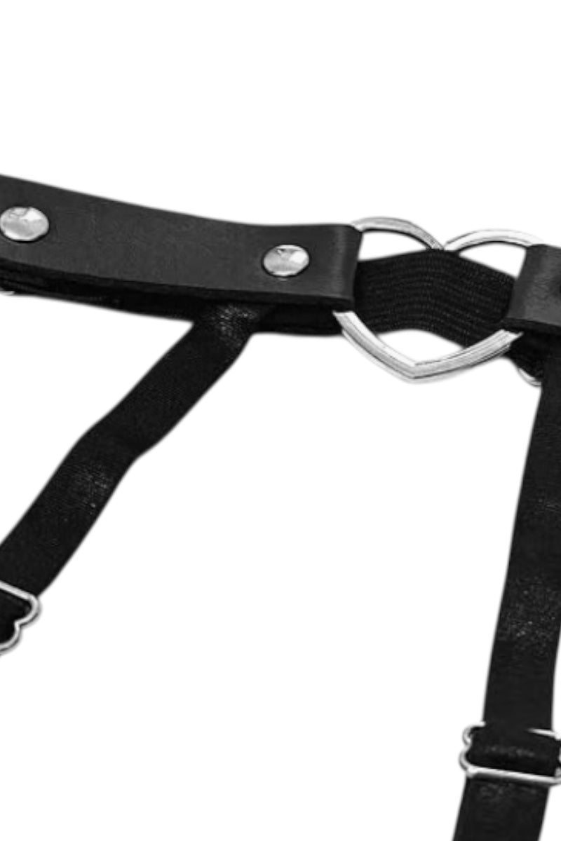 Black leg garter with silver metal rings and rivets, shown against a plain white background.