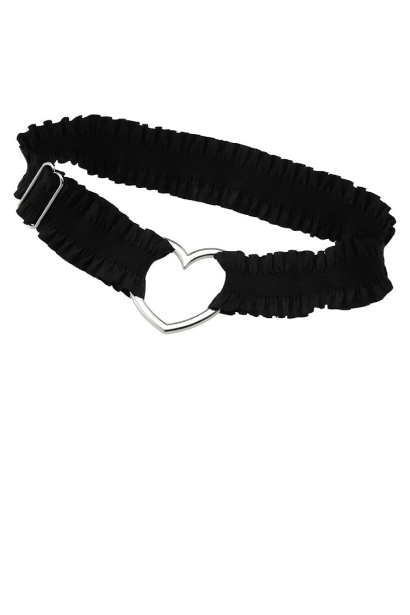 A black ruched elastic belt featuring a polished silver-tone metal heart-shaped buckle, displayed on a solid white background.