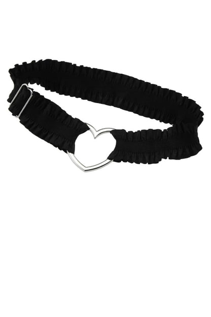 A black ruched elastic belt featuring a polished silver-tone metal heart-shaped buckle, displayed on a solid white background.