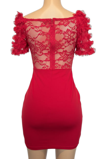 Red lace dress with ruffled sleeves on a mannequin against a white background