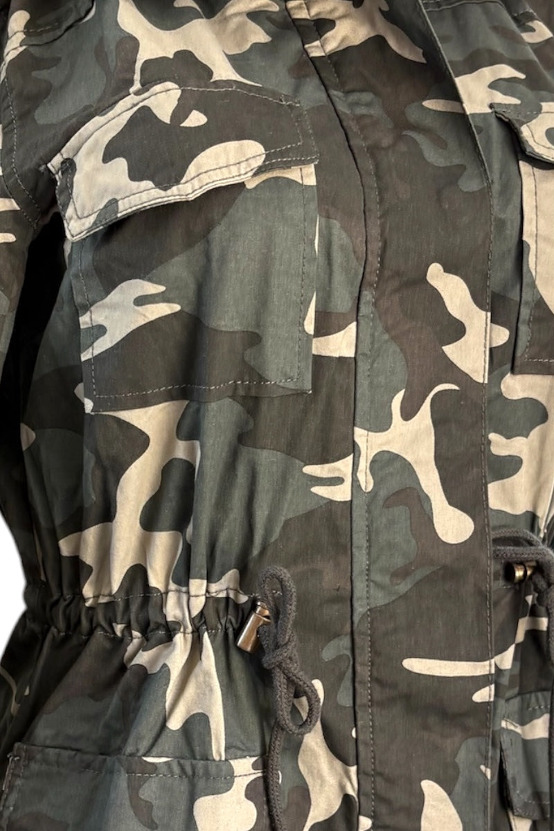 Close-up of a camouflage jacket with a focus on the pattern and texture.
