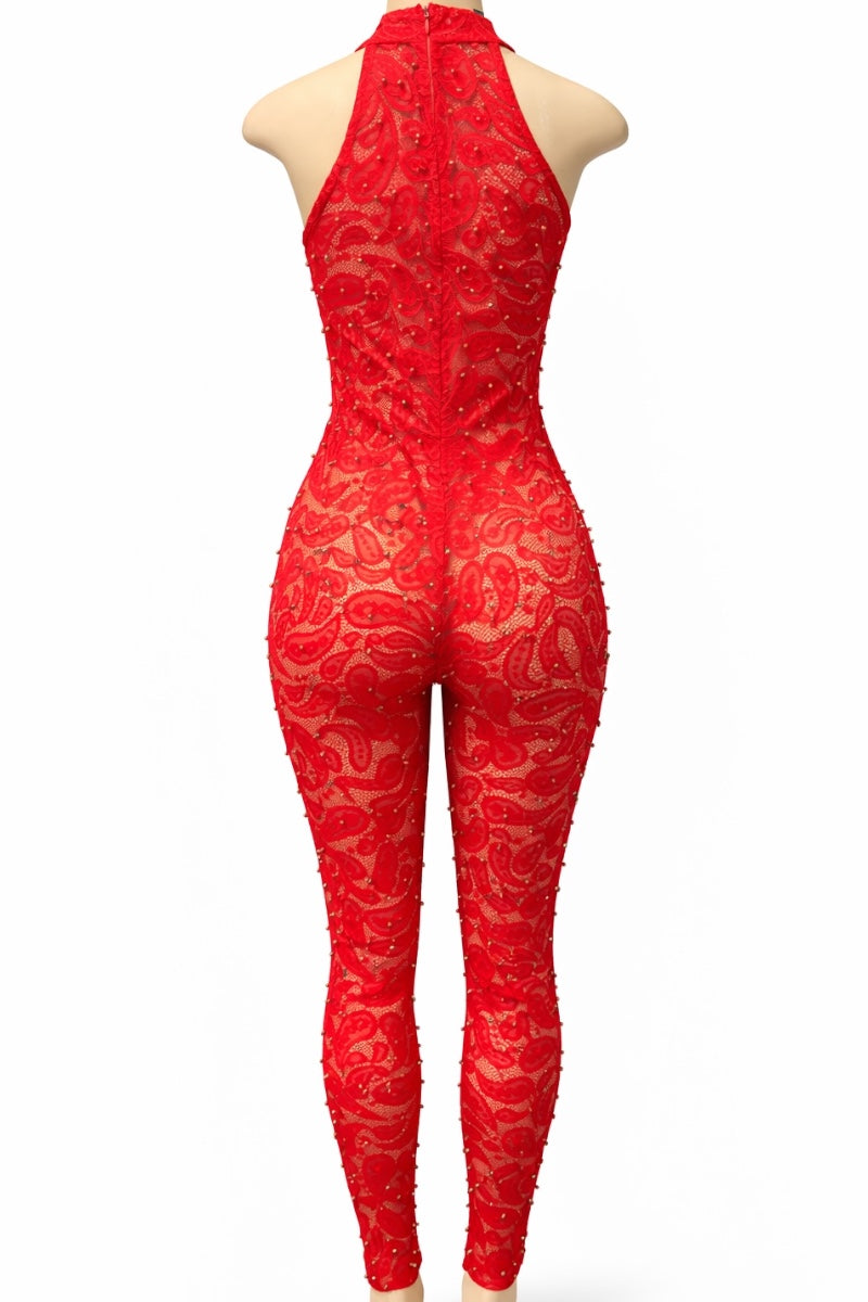 Red lace jumpsuit on a white background