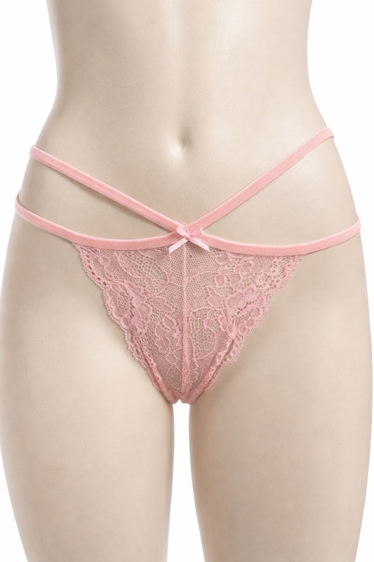 Pink lace thong on a mannequin against a white background