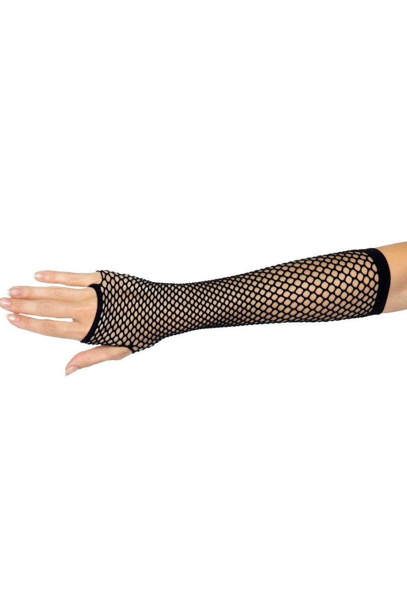 A black fishnet fingerless arm gloves worn on a person's arm, shown against a plain white background.