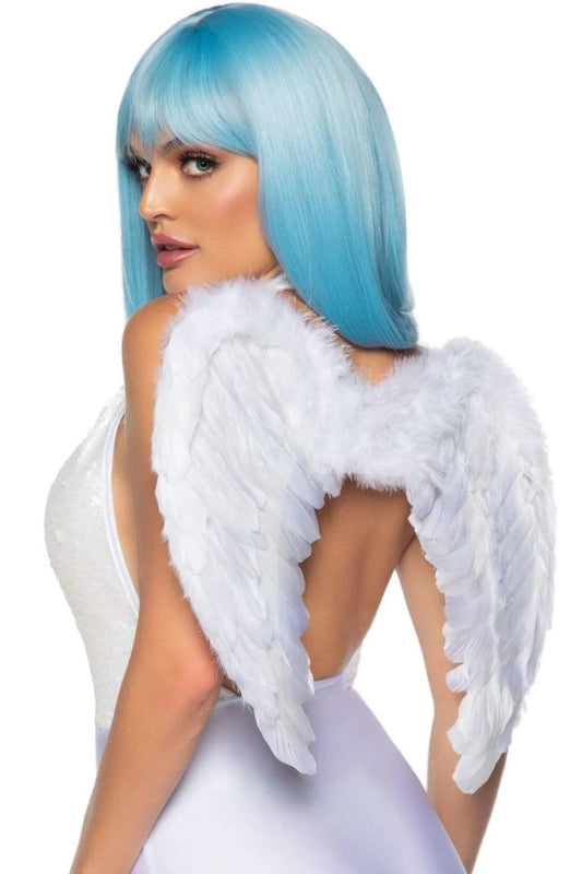 A woman shown from the back wearing a costume with large white angel wings and a bright blue wig, against a plain white background.