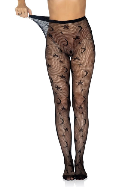 Black fishnet tights with an allover crescent moon and star pattern, shown on a model's legs against a white background.
