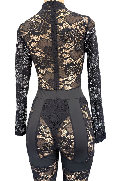 Black lace bodysuit with floral patterns on a white background