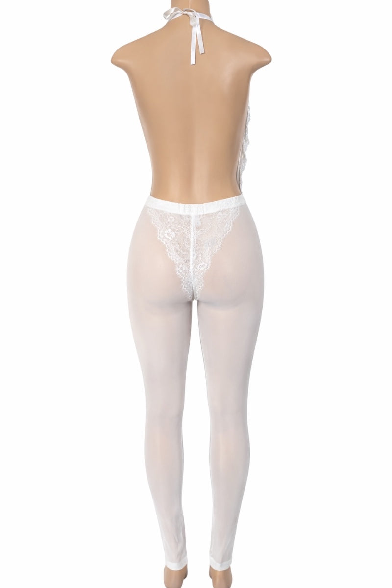 White lace bodystocking on a mannequin against a white background
