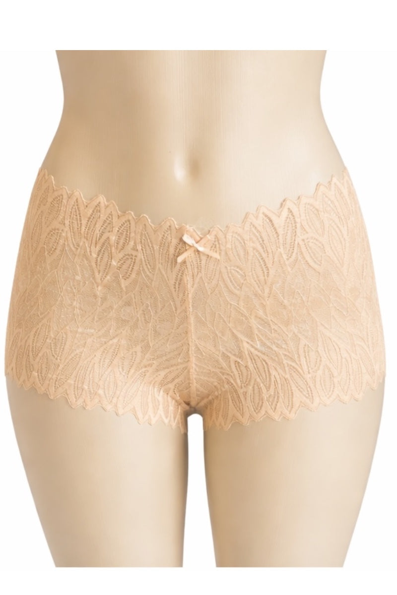 Beige lace underwear on a mannequin with a white background
