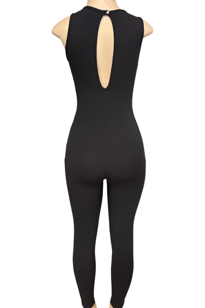 A black sleeveless bodysuit or jumpsuit shown from the back on a mannequin, featuring a large vertical keyhole cutout at the neck.