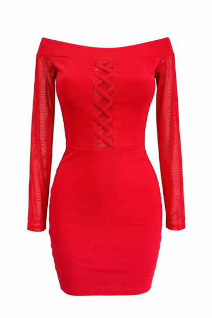 Red dress with long sleeves and mesh details on a white background