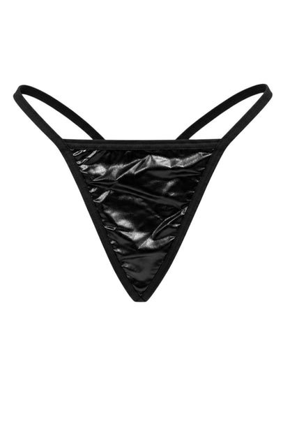 Black thong-style underwear with a glossy, shiny finish and thin straps, shown flat against a solid white background.