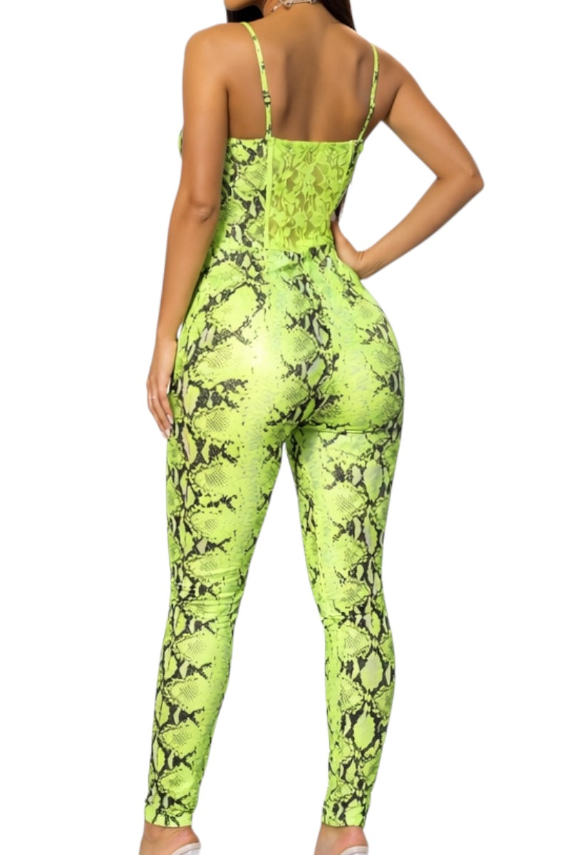 Neon green snake print jumpsuit worn by a model on a white background