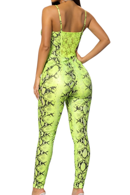 Neon green snake print jumpsuit worn by a model on a white background