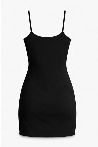 Black slip dress on a white background