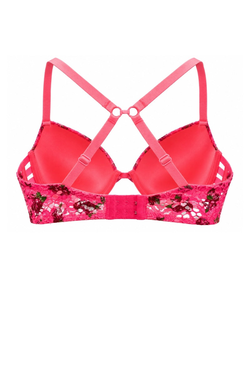A bright pink sequined bralette with solid pink straps and a crossover back design, shown against a plain white background.