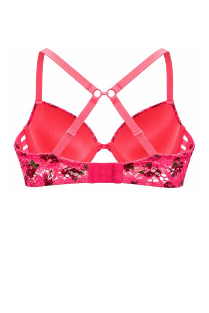 A bright pink sequined bralette with solid pink straps and a crossover back design, shown against a plain white background.