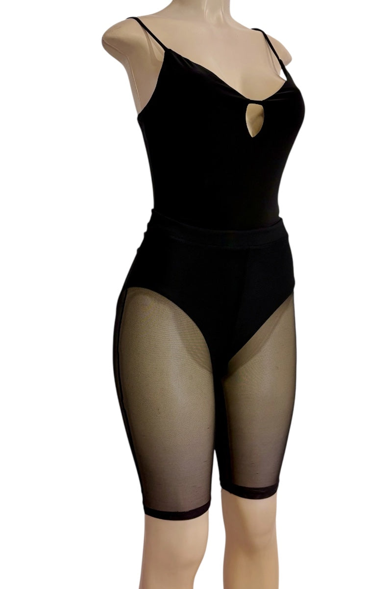 Black bodysuit with sheer mesh leg panels and a small keyhole cutout at the neckline, displayed on a mannequin against a white background.