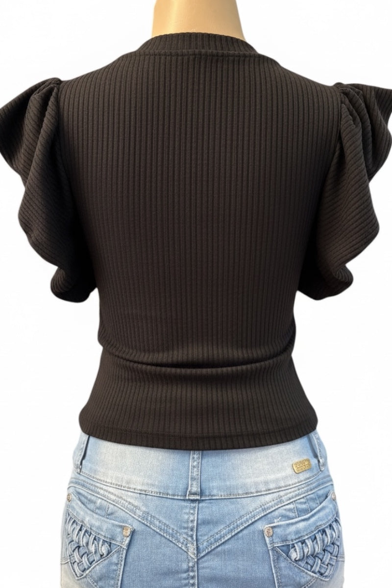 Black ribbed top with puffed sleeves worn by a mannequin on a white background