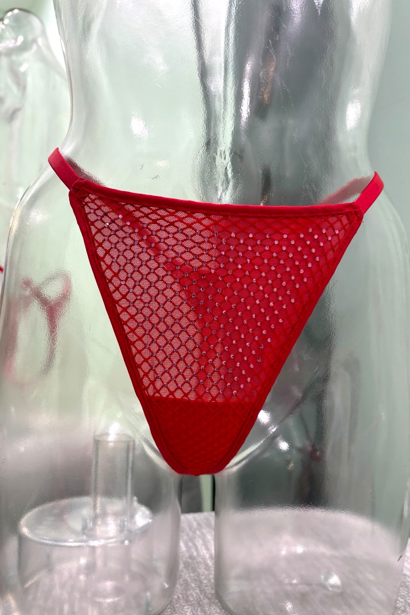 Red mesh thong with a honeycomb pattern, displayed on a clear plastic mannequin torso.
