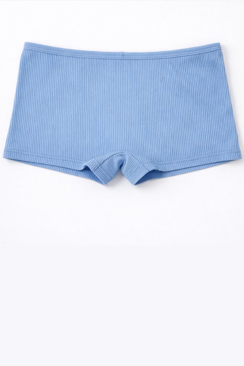 Blue ribbed boxer briefs on a white background