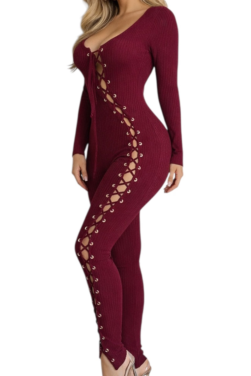 Wine jumpsuit with lace-up details on a white background