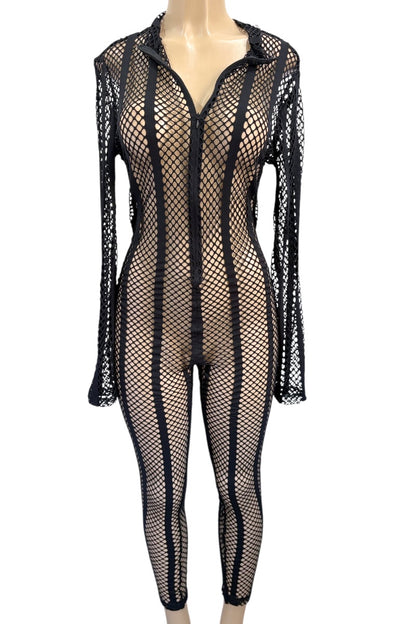 Black fishnet bodysuit on a mannequin against a white background