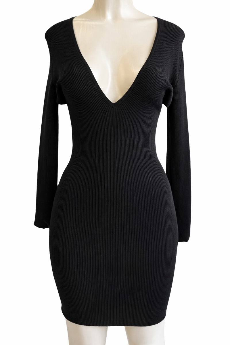 Black ribbed dress on a mannequin against a white background