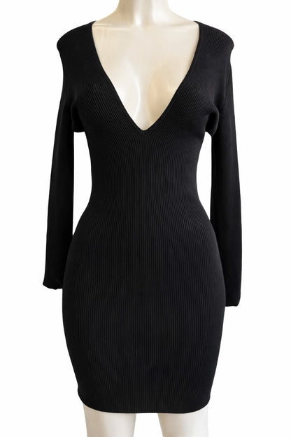 Black ribbed dress on a mannequin against a white background