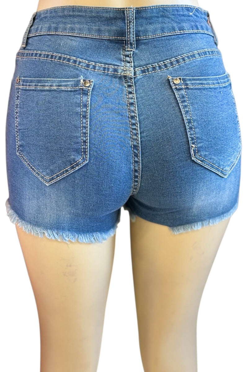 Blue denim shorts on a white background