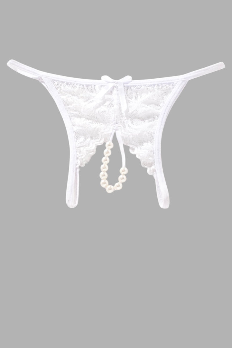 White lace thong panties with a small bow at the center front and a dangling pearl bead chain, shown on a plain gray background.