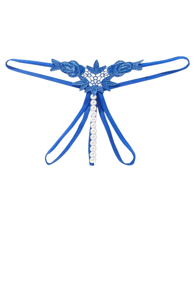 A royal blue lace thong featuring a central floral knot design and dangling pearls displayed against a solid white background.