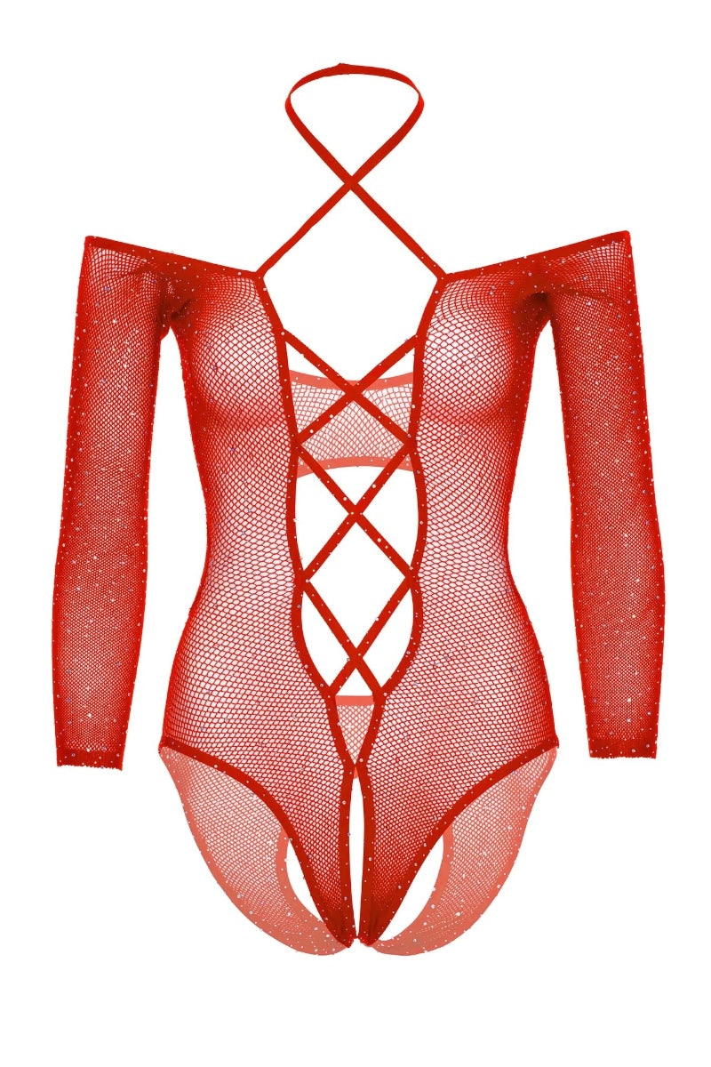Red fishnet bodysuit with long sleeves on a white background