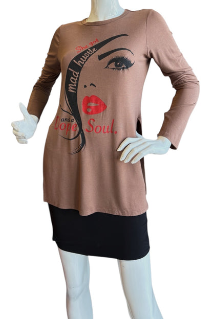 Mannequin wearing a brown long-sleeve top with graphic design and text on a white background