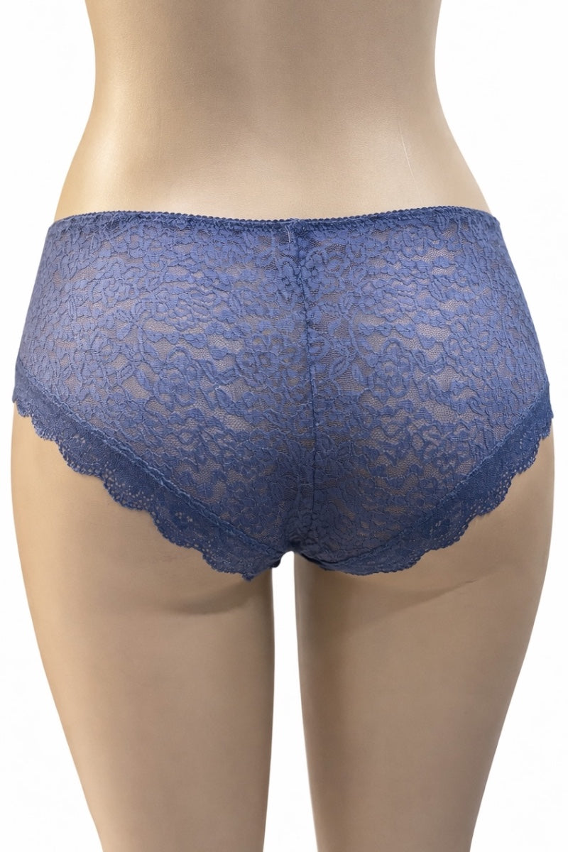 Blue lace underwear on a mannequin against a white background