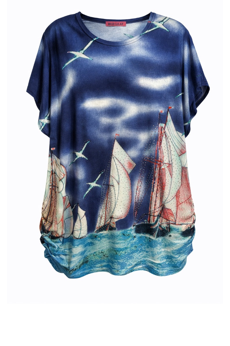 Blue shirt with sailboat design on a white background