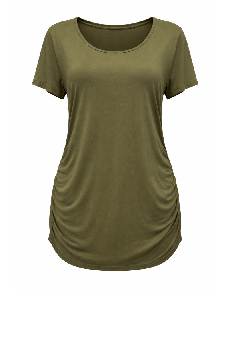Olive green t-shirt on a white background