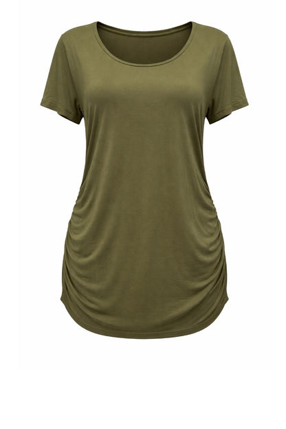 Olive green t-shirt on a white background