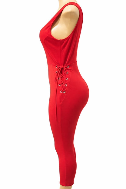 Red jumpsuit with lace-up front on a white background