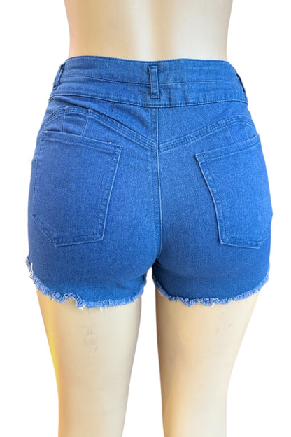 Blue denim shorts on a mannequin against a white background