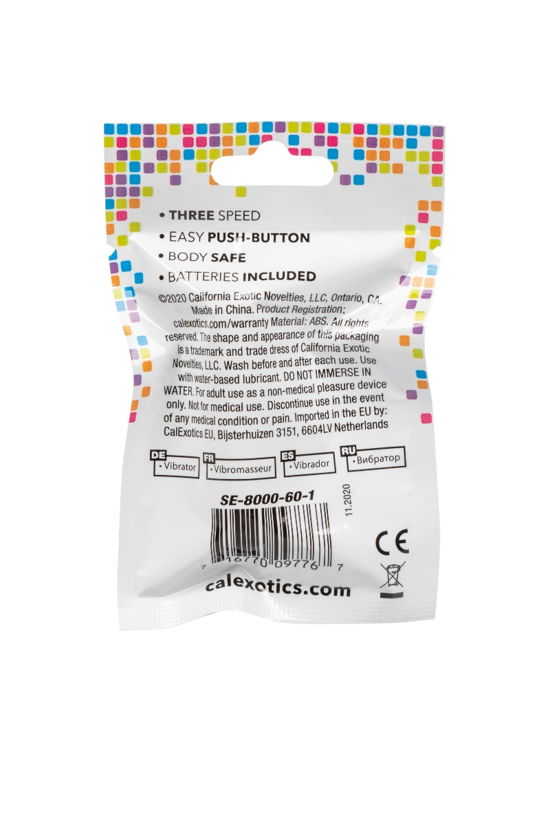 Product packaging with colorful border and text on a white background