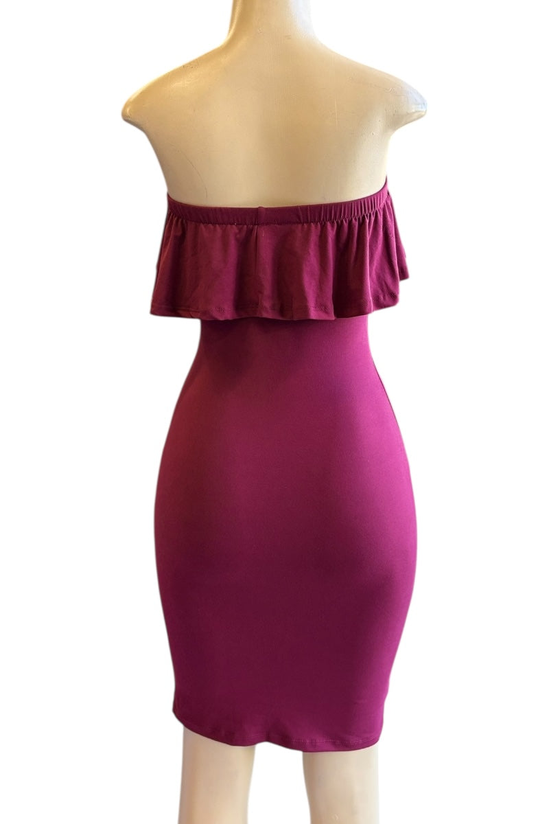 Burgundy strapless dress on a mannequin against a white background
